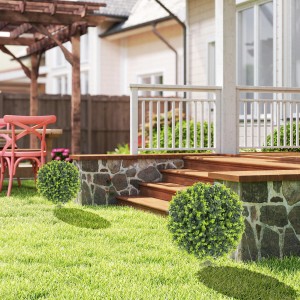 HOMCOM 2er-Set künstliche Buchsbaumkugeln (Ø40cm, H56cm) im Garten.