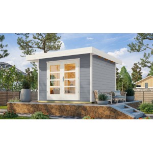 Graues Weka Holz-Gartenhaus mit Flachdach und Doppeltür im Garten.