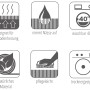 Piktogramme: Fußbodenheizung, Feuchtigkeitsaufnahme, 40°C Wäsche, Naturmaterial, Pflegeleicht, Trocknergeeignet.