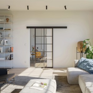 Loft+Mehr Glastür mit Alustegenpaar in Schwarz Matt im Wohnraum für Industrielook.
