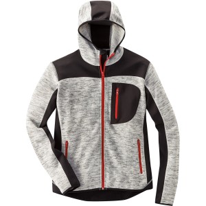 Scheibler Strickjacke Professional Grau-Meliert-Schwarz, Arbeitskleidung mit Kapuze und roten Reißverschlüssen.