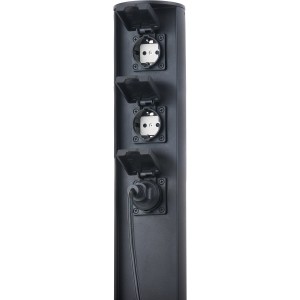 Eco-Light Stromverteiler-3 Schwarz für den Außenbereich mit 3 Steckdosen und geöffneten Klappen.