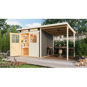 Karibu Holz-Gartenhaus Genf 3 terragrau mit Anbaudach und geöffneter Doppeltür.