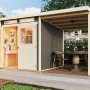 Karibu Holz-Gartenhaus Genf 3 terragrau mit Anbaudach und geöffneter Doppeltür.