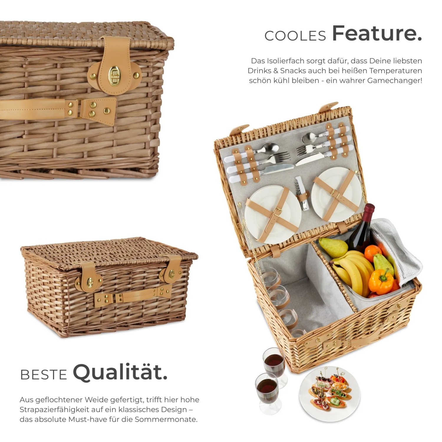 Tectake Picknickkorb Föhr Für 4 Personen Integriertes Kühlfach 37 x 45 x 21 cm Braun_3