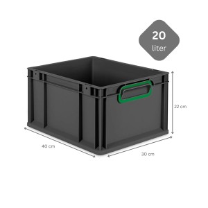PROREGAL Eurobox Nextgen, 20 Liter, schwarz mit grünen Griffen. Aufbewahrungsbox.