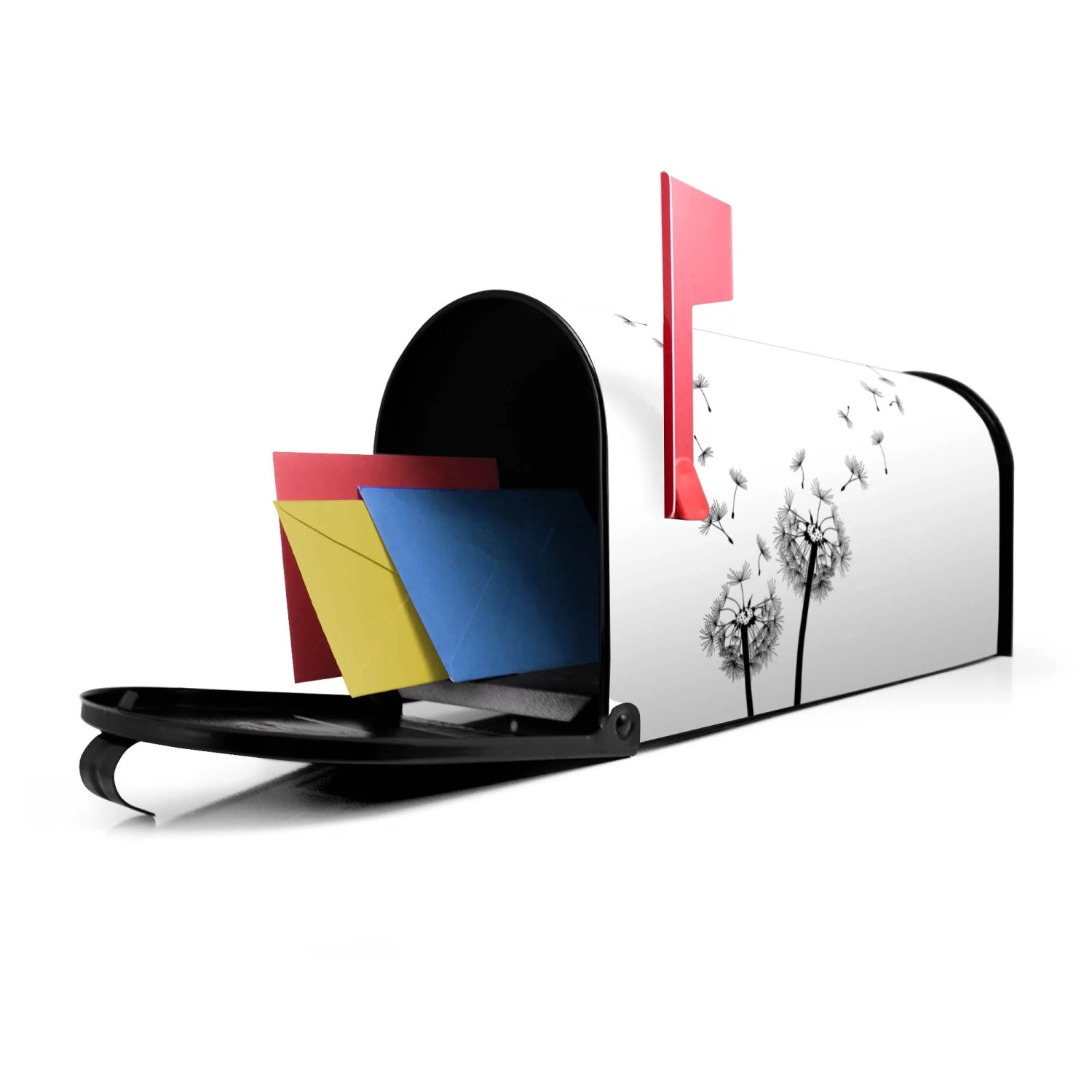 Schwarzer US Briefkasten mit Pusteblumen Motiv, geöffnet mit Briefen.