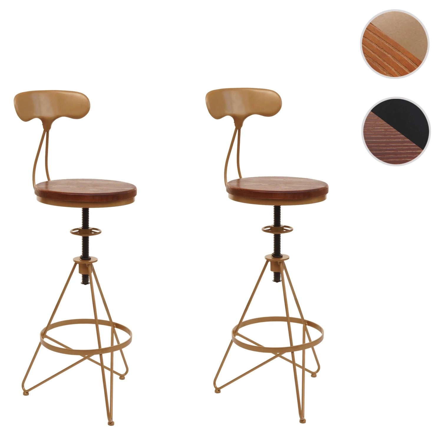 2er-Set MCW Barhocker N18, braunes Holz, goldenes Metallgestell, höhenverstellbar.