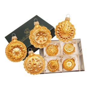 4er-Set goldene Krebs Glas Lauscha Weihnachtskugeln (6cm) mit verschiedenen Ornamenten.