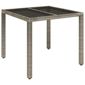 Grauer vidaXL Gartentisch mit Glasplatte, 90x90 cm, aus Poly Rattan.