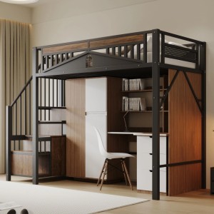 Schwarzes Metall-Hochbett 90x200cm mit integriertem Schreibtisch, Regalen, Schrank und Treppenstauraum. Fenster-Design.