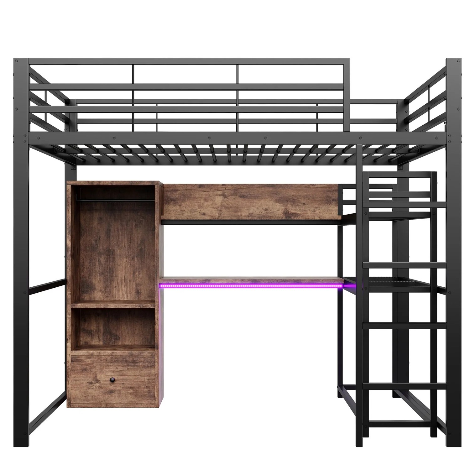 okwish Hochbett 140x200cm mit Schreibtisch und LED Leuchten Schwarz ohne Matratze