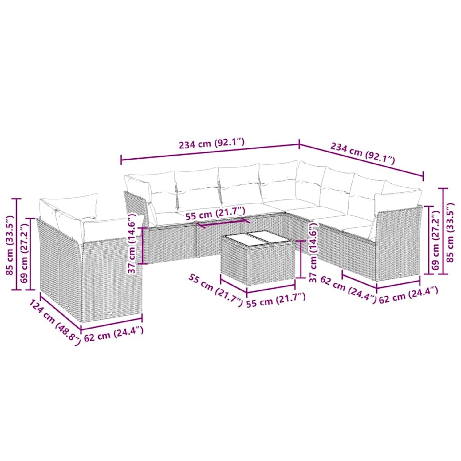 Hellgraue 10-tlg. vidaXL Garten-Sofagarnitur aus Polyrattan mit Kissen und Tisch, Maße eingezeichnet.