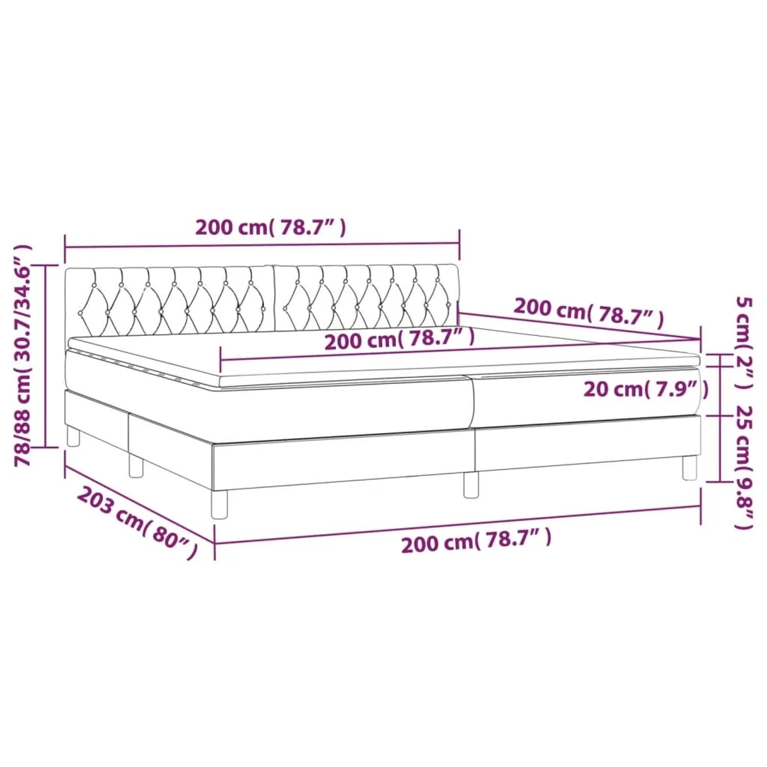 vidaXL Boxspringbett blau 200x200 cm mit Matratze und Kopfteil, Maße