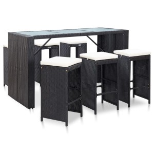 Schwarzes 7-tlg. Gartenbar-Set aus Polyrattan mit Glasplatte und cremeweißen Auflagen.
