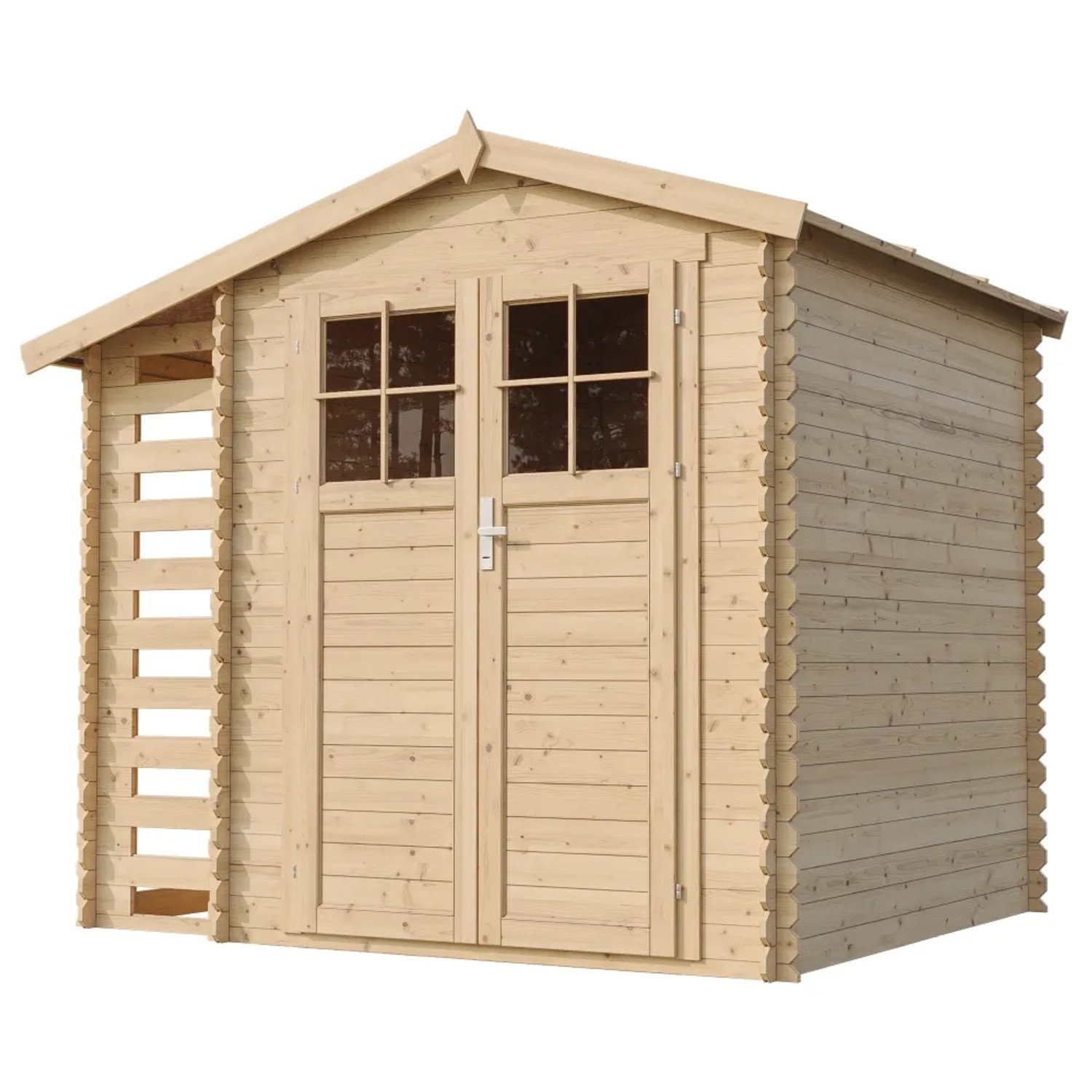 Timbela Holz-Gartenhaus M386F mit Brennholzregal, 4,5 m², unbehandeltes Holz.