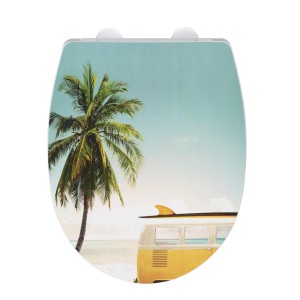 Wenko WC-Sitz Corbara High Gloss mit Strandmotiv, Palme und VW-Bus.