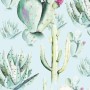 Komar Fototapete Vlies Cactus Blue Panel, 100x250 cm, mit Kakteen-Motiv auf blauem Hintergrund.