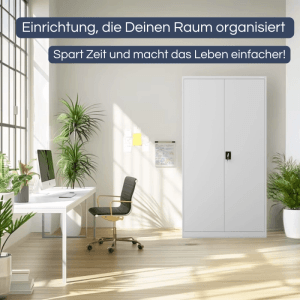 Grauer DELUKE Aktenschrank (220x115x40cm) im Büro. Abschließbarer Metallschrank mit 6 Ebenen.