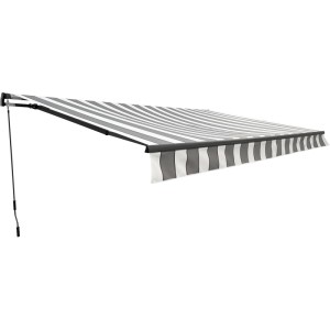 Grau-weiße Garden Pleasure Gelenkarmmarkise, ausgefahren. Sonnen- und Sichtschutz für Terrasse und Balkon.