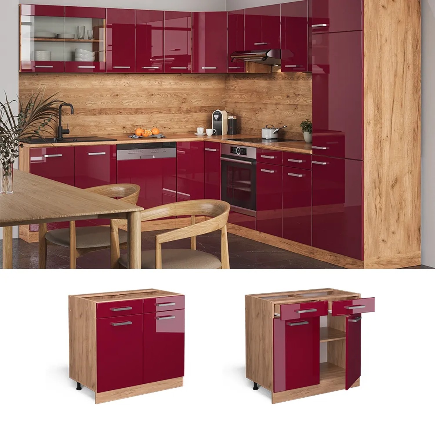 Vicco Küchenunterschrank R-Line, Bordeaux Hochglanz/Eiche, 80cm mit anthrazitfarbener Arbeitsplatte.