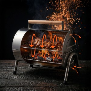 Edelstahl Tischgrill mit Holzgriff, offen mit grillenden Rippchen, Kohle und Luftzirkulation. Tragbarer Klappgrill.