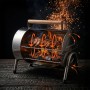 Edelstahl Tischgrill mit Holzgriff, offen mit grillenden Rippchen, Kohle und Luftzirkulation. Tragbarer Klappgrill.