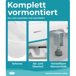 Details der Calmwaters Vorwand-Badewanne: Schürze, Ablauf, verstellbare Füße, vormontiert für einfache Installation.