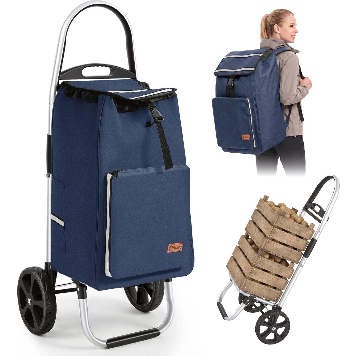 Sekey Einkaufstrolley mit Kühlfach Aluminium Rahmen 50L Rucksack Blau