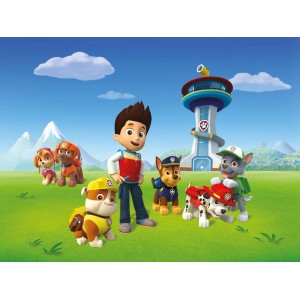 Sanders & Sanders Fototapete Paw Patrol mit Ryder und den Welpen vor der Kommandozentrale.