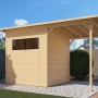 Bertilo Gerätehaus Pent Modern 3 Plus aus Holz mit Anbau und Fenster. Weekendhaus für den Garten.