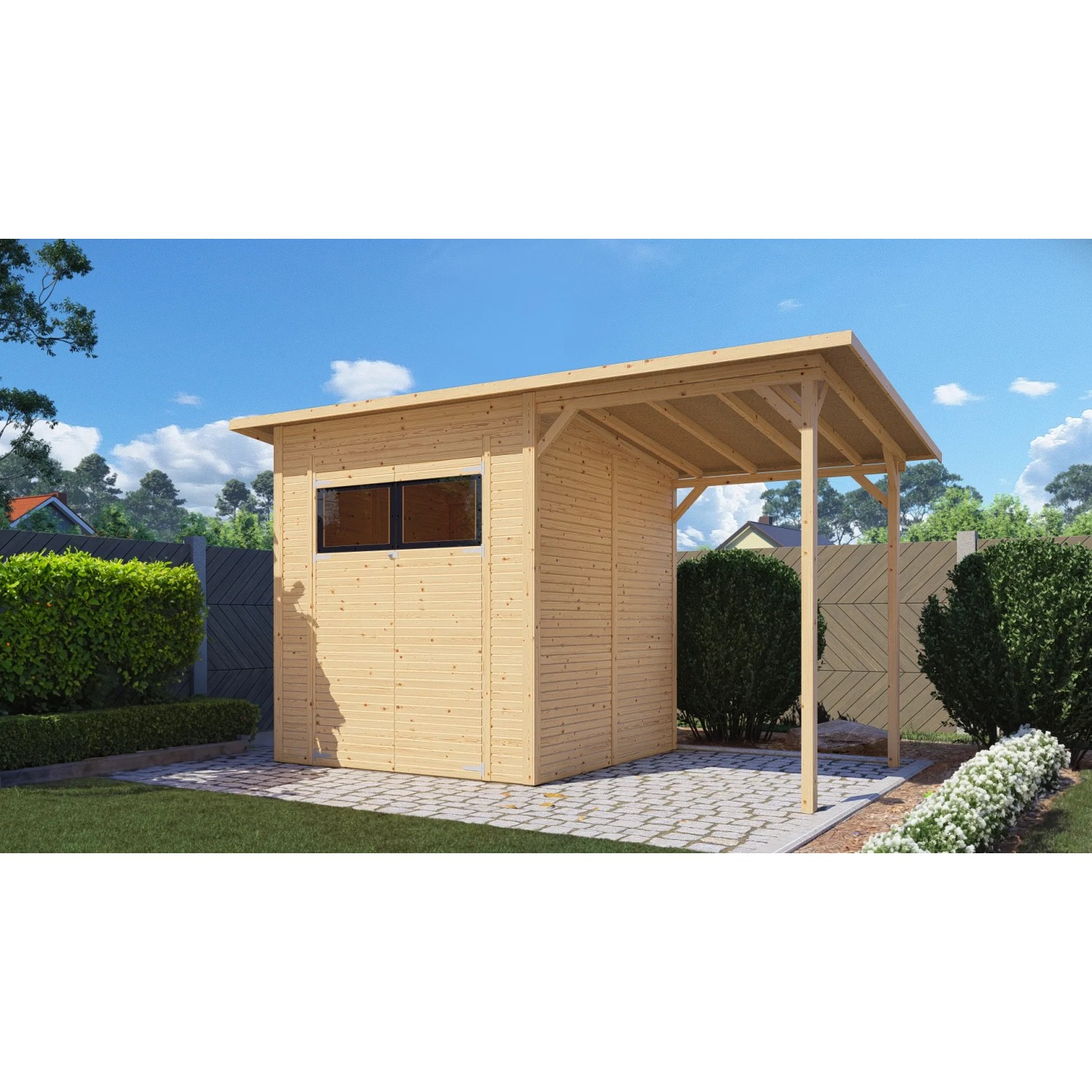 Bertilo Gerätehaus Pent Modern 3 Plus aus Holz mit Anbau und Fenster. Weekendhaus für den Garten.