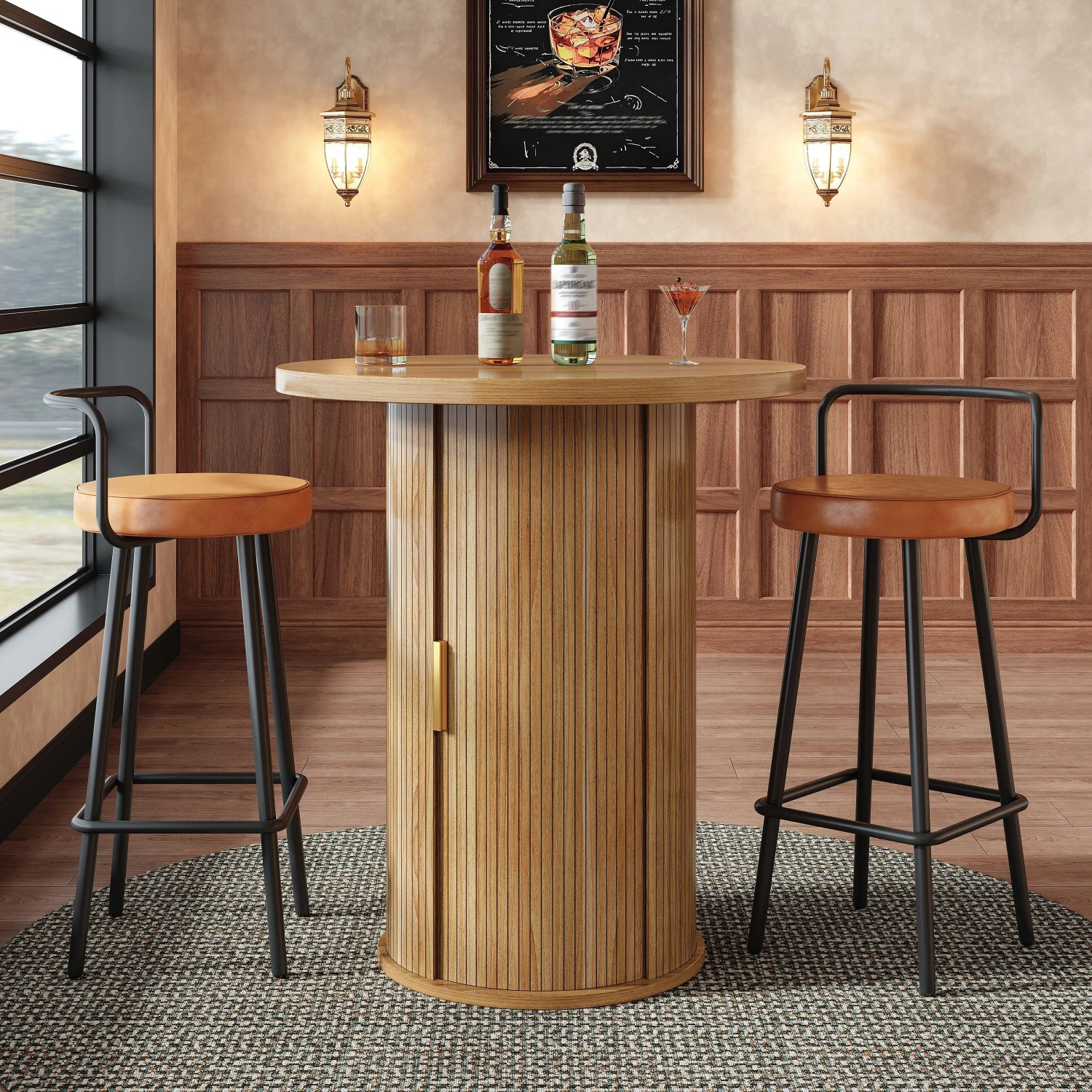 Runder Bartisch Holzoptik mit Stauraum und 2 Barhockern mit braunen Polstersitzen. Modernes Essgruppen-Set.