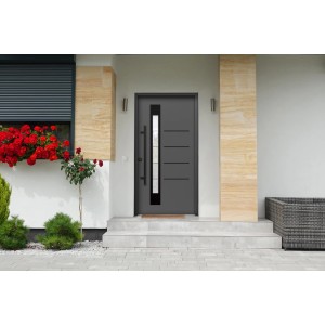 Moderne, anthrazit-schwarze Splendoor Haustür Berlin Prime mit Glaseinsatz und Edelstahlgriff.