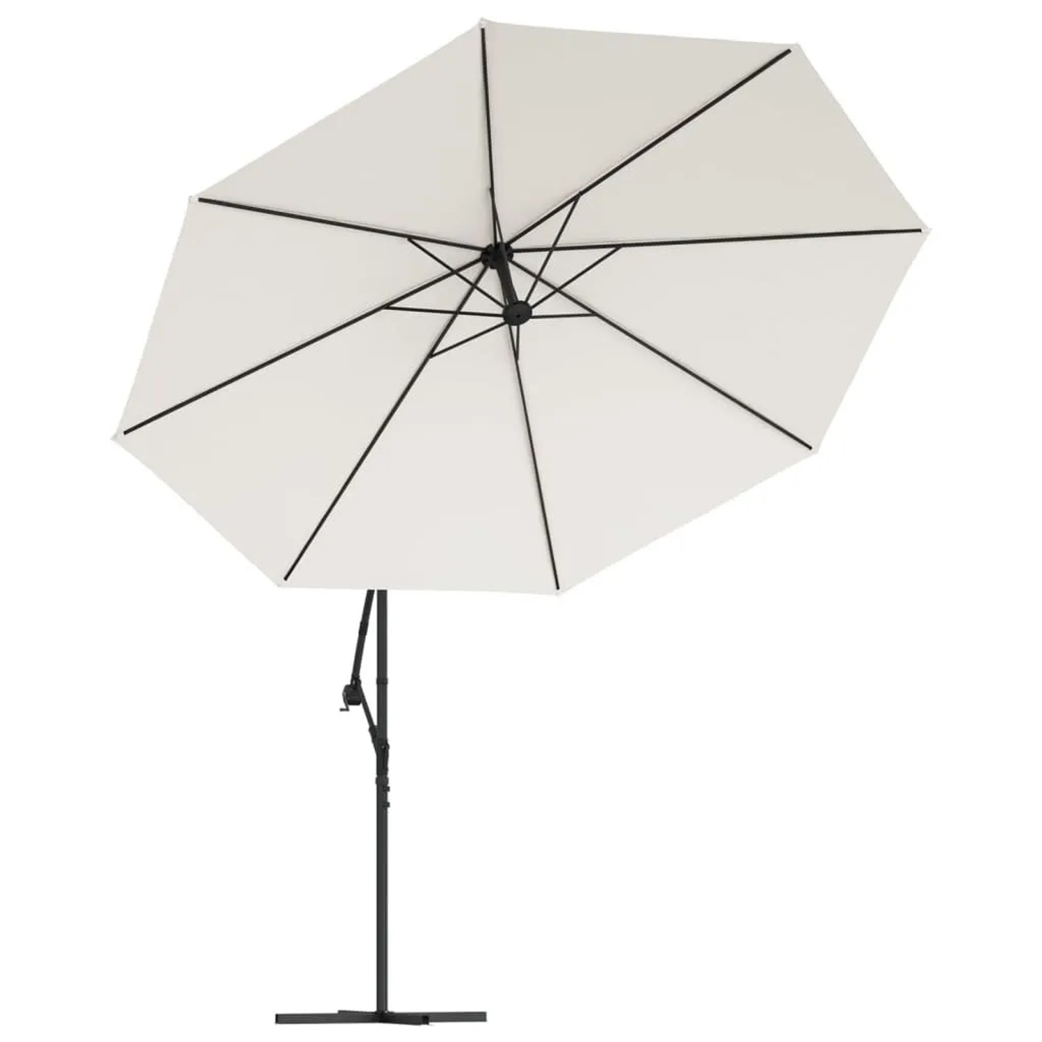 Sandweißer Ampelschirm mit LED-Beleuchtung, schwarzem Metallmast und Kreuzfuß. Großer Sonnenschutz für Garten.