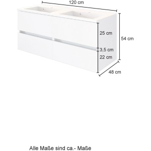 Held Möbel Doppelwaschtisch Bari 120 cm, Eiche Natur Matt, mit Maßangaben.