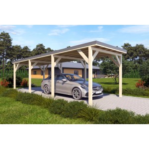 Holzbrüder Einzelcarport Ralf mit Blechdach in Dunkelgrau und imprägniertem Holz.