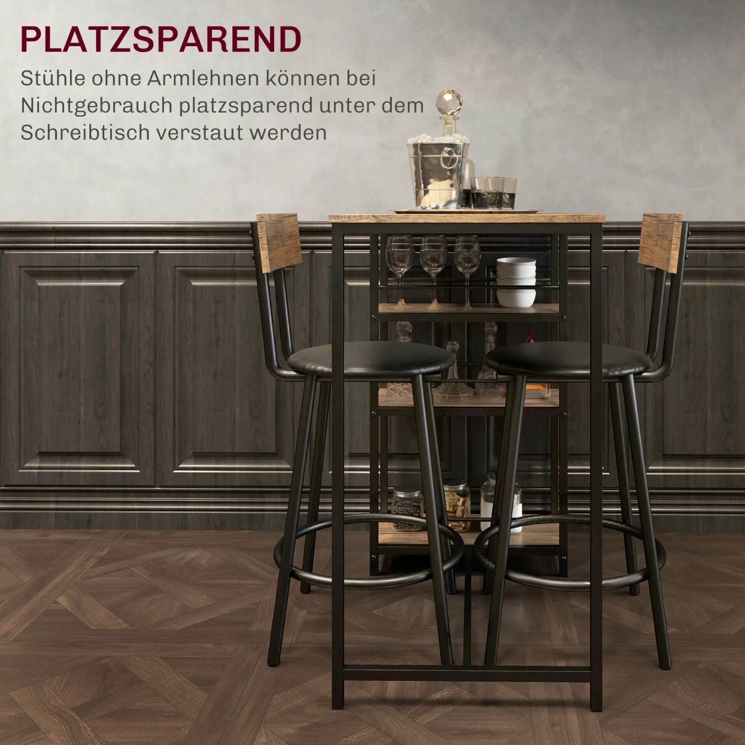 HOMCOM Bartisch Set mit 2 Barhockern, Eichefarbenes MDF und Stahlgestell.