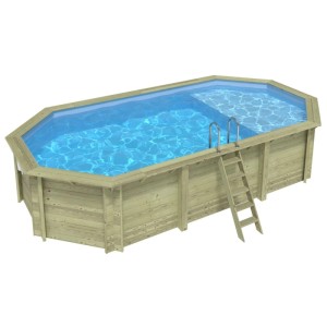 ALTANKA Holzpool Nemo 7,3x3,97 Höhe 1,45 m HELLBLAU mit Liegefläche mit am Beton Verschraubten Stützen BAS7305OSPL+PLA305