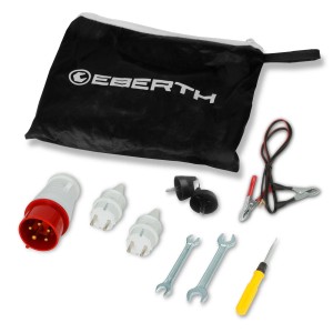 Zubehör für EBERTH Notstromaggregat: Adapter, Werkzeug, Batterieklemmen und Tasche.