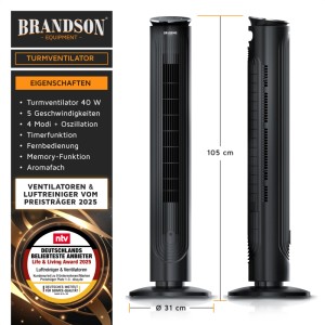 Brandson Turmventilator, 105cm, schwarz, mit Fernbedienung, Aromafach und Oszillation.