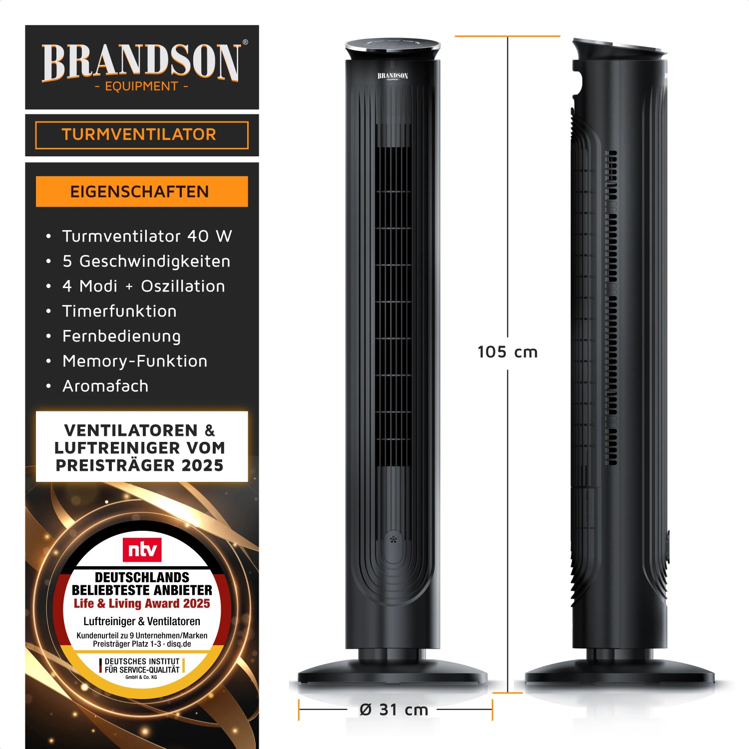 Brandson Turmventilator, 105cm, schwarz, mit Fernbedienung, Aromafach und Oszillation.