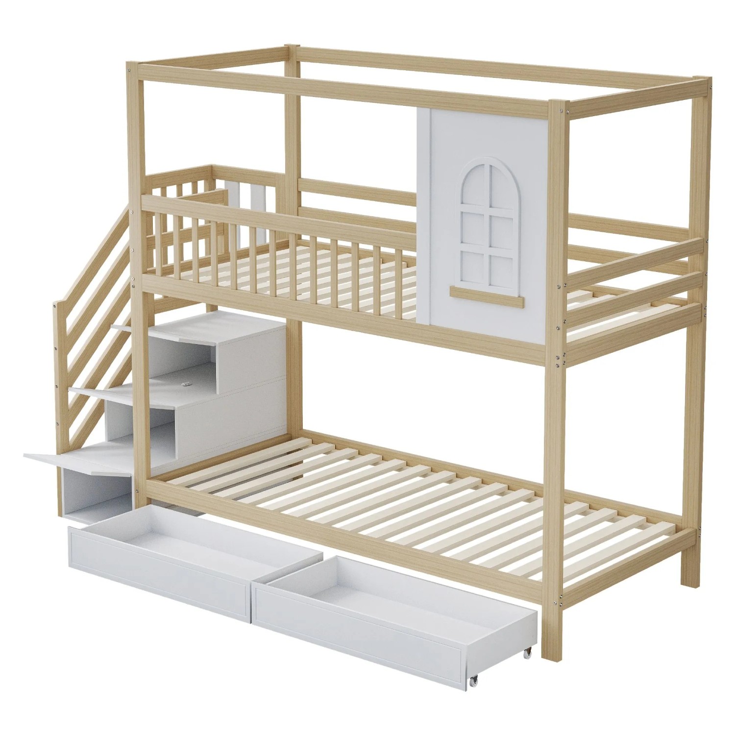 KOMHTOM Etagenbett Kinderbett 90x200Cm  Massivholz Doppelbett  Hausfürm Mit Fenstern Aufbewahrungsschubladen Und Sicherheitsleiter Holzfarbe