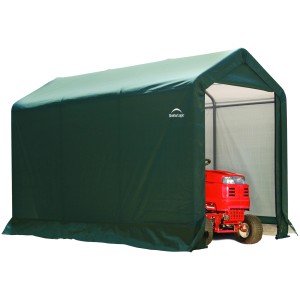 Grüne ShelterLogic Zeltgarage (180x180x180 cm) mit Rasentraktor. Ideal als Fertiggarage für Gartengeräte.