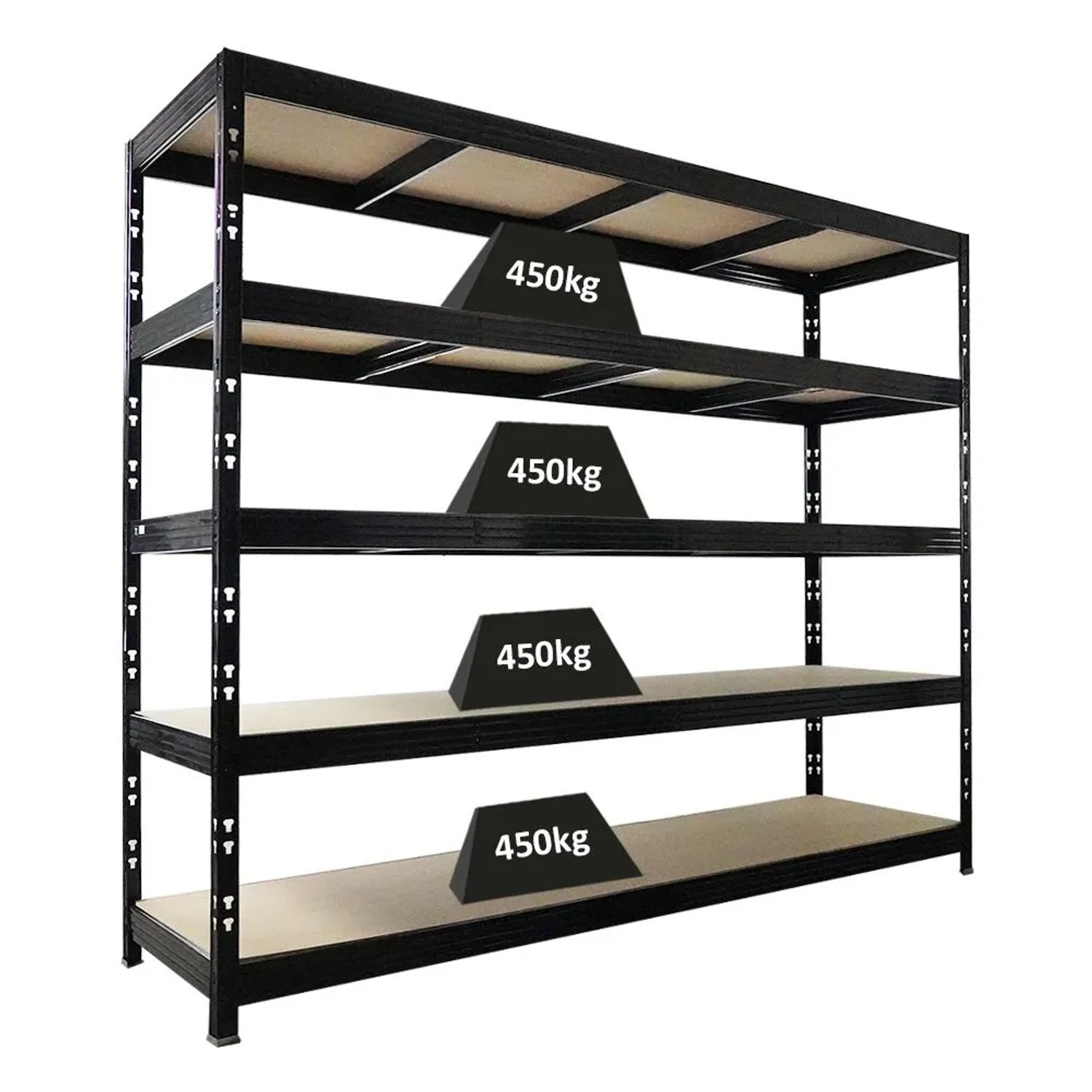PROREGAL Profi Schwerlastregal Rhino HxBxT 200x240x70cm 5 Spanplatten-Ebenen 8mm Fachlast 450kg Schwarz