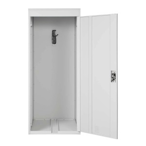 Offene, hellgraue MCW Fahrradgarage H66 aus Metall mit Haken zur Fahrradaufhängung.