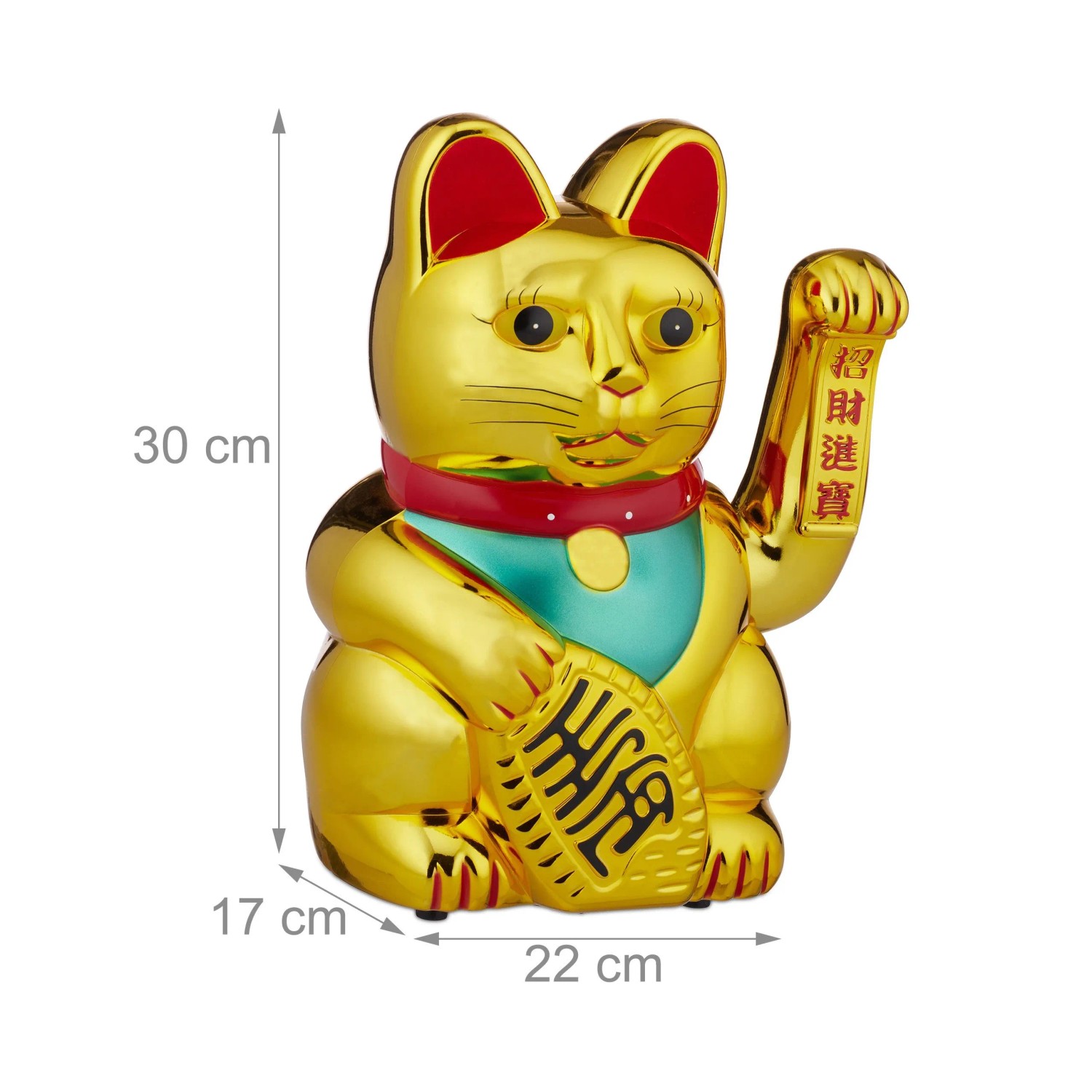Goldene, batteriebetriebene Winkekatze (30cm) aus Kunststoff als Glücksbringer für den Tisch.
