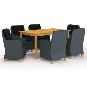vidaXL 7-tlg. Garten-Essgruppe, dunkelgrau: Tisch aus Akazie mit 6 Rattan-Stühlen und schwarzen Polstern.