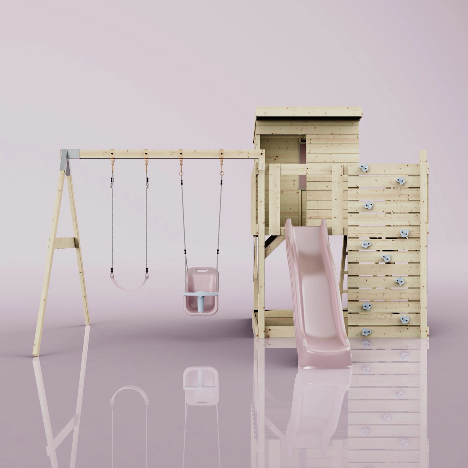 PolarPlay Spielturm Björn mit Babyschaukel und Rutsche in Altrosa.