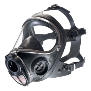 Schwarze Dräger Atemschutz Vollmaske mit klarem Visier und verstellbaren Bändern.